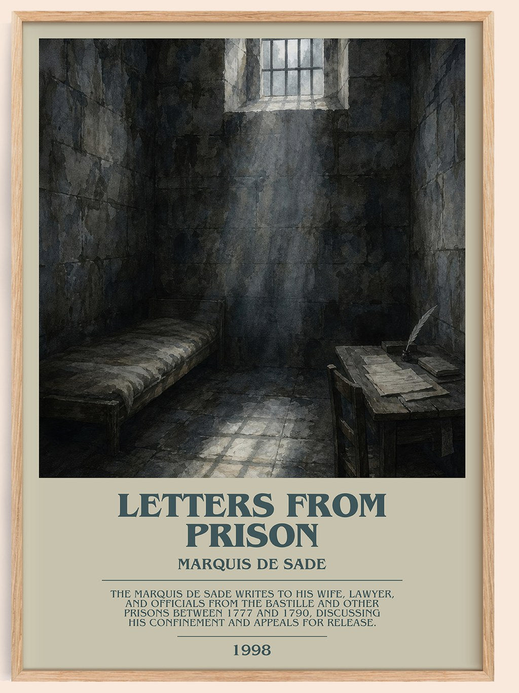 Letters from prison bookish book poster by Marquis de Sade – framed literary art print