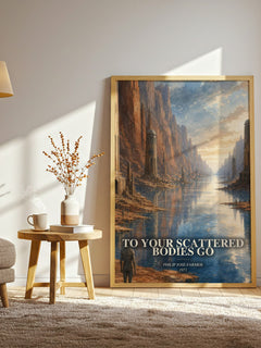 To your scattered bodies go watercolour print in frame leaning in hallway – sci fi wall art