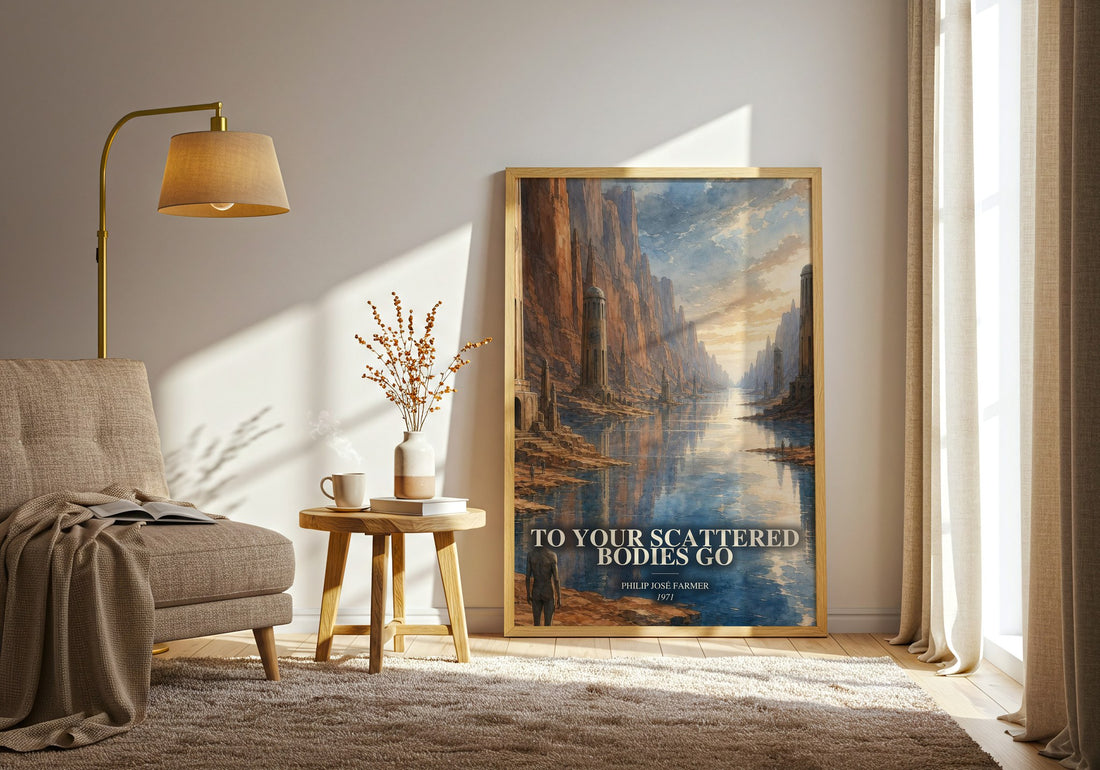 To your scattered bodies go watercolour print in frame leaning in hallway – sci fi wall art