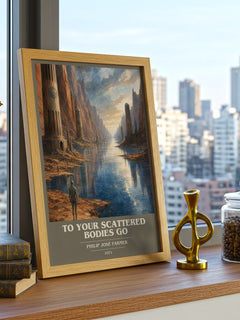 To your scattered bodies go book cover print framed by window – literary home decor
