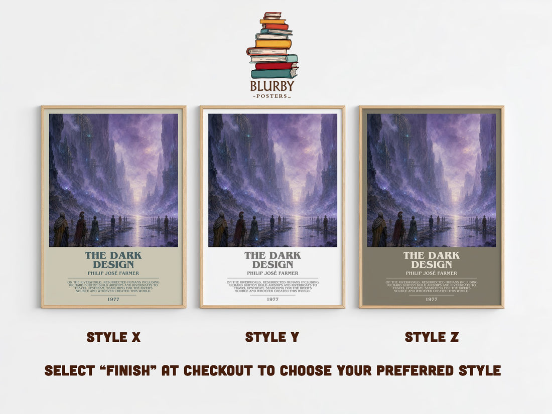 The dark design bookish print in frame leaning in hallway – sci fi wall art (mockup)