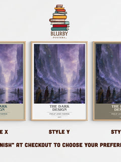 The dark design book cover print in frame leaning in hallway – sci fi wall art