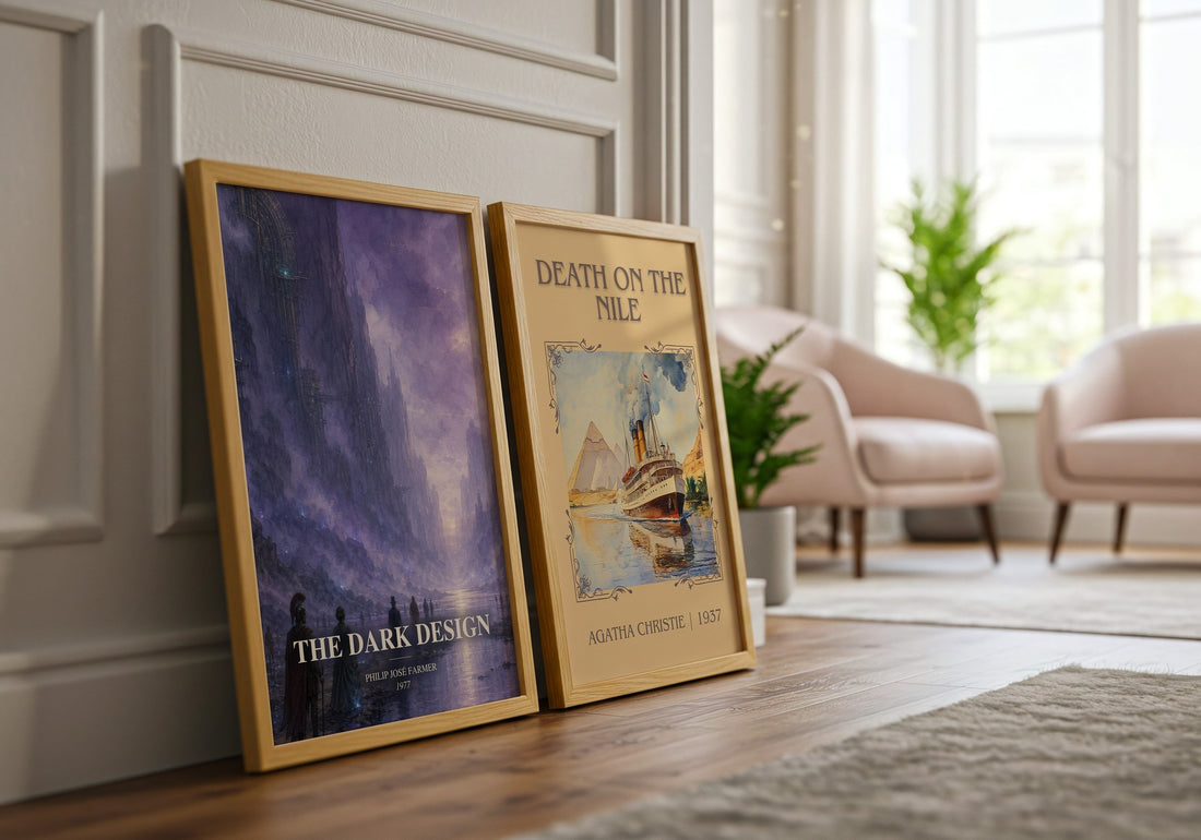 The dark design watercolour print framed by window – literary home decor