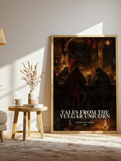 Tales from the Vulgar Unicorn watercolour print in frame leaning in hallway – fantasy wall art