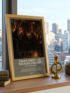 Tales from the Vulgar Unicorn Bookish Wall Art by Philip José Farmer – framed print on a city-view windowsill