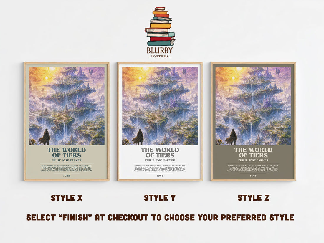 The World of Tiers bookish print in frame leaning in hallway – sci fi wall art (mockup)