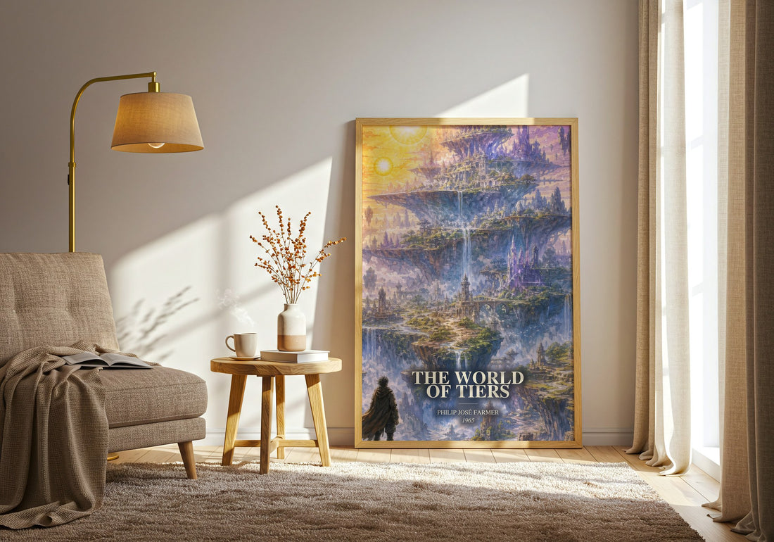 The World of Tiers watercolour print in frame leaning in hallway – sci fi wall art