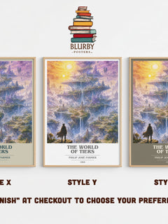 The World of Tiers book cover print in frame leaning in hallway – sci fi wall art