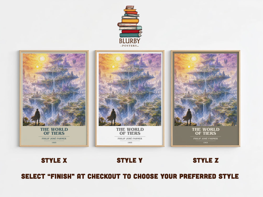 The World of Tiers book cover print in frame leaning in hallway – sci fi wall art (mockup)