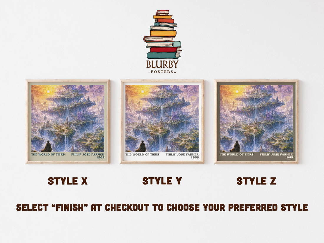 The World of Tiers literary print in frame leaning in hallway – sci fi wall art (mockup)