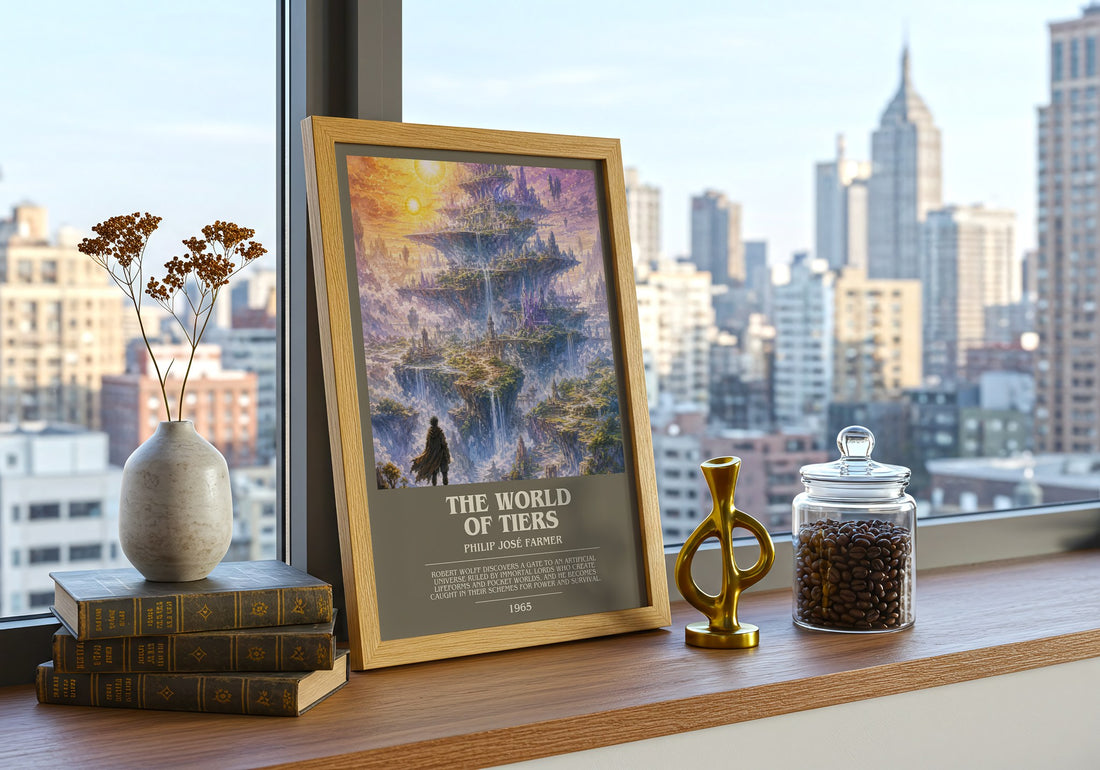 The World of Tiers bookish print framed by window – literary home decor