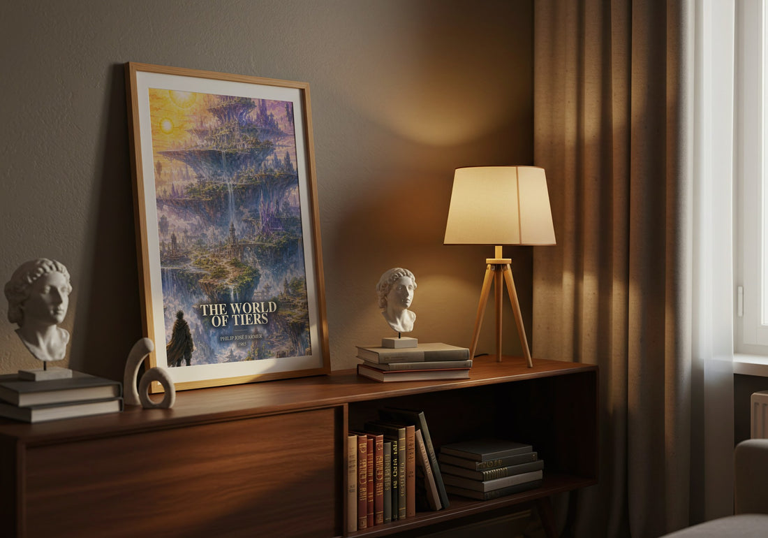 The World of Tiers watercolour print on bookshelf – Philip José Farmer fan gift