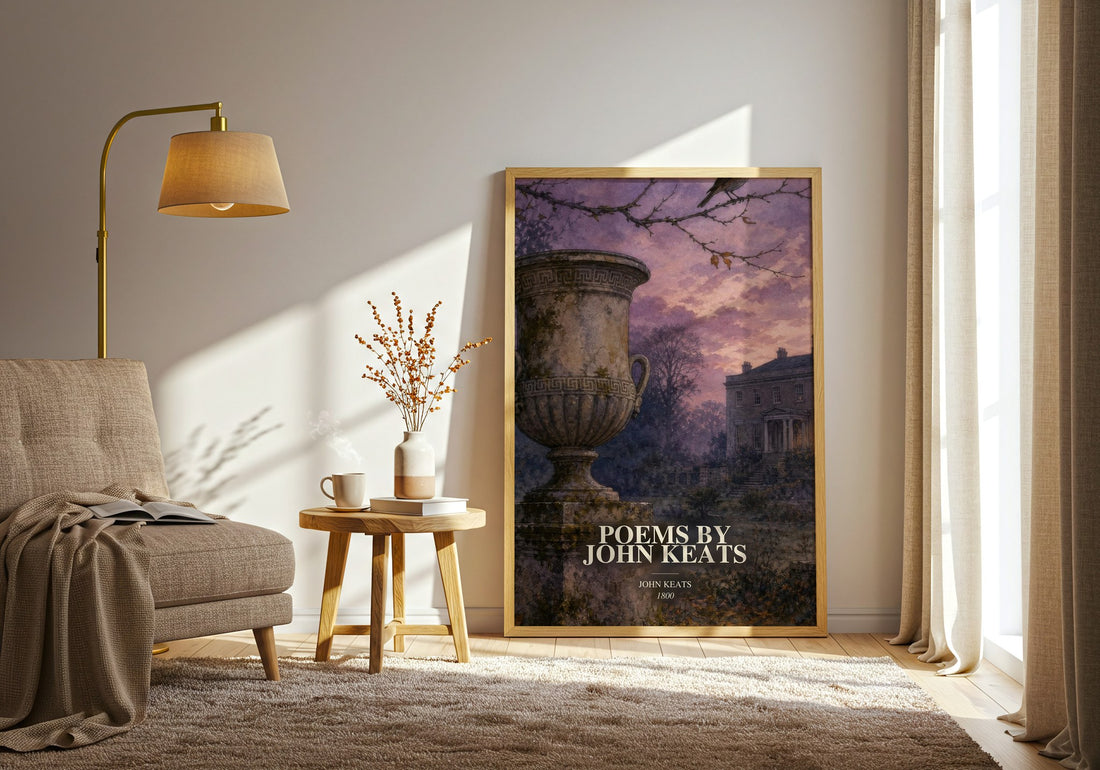 Poems by John Keats watercolour print in frame leaning in hallway – poetry wall art