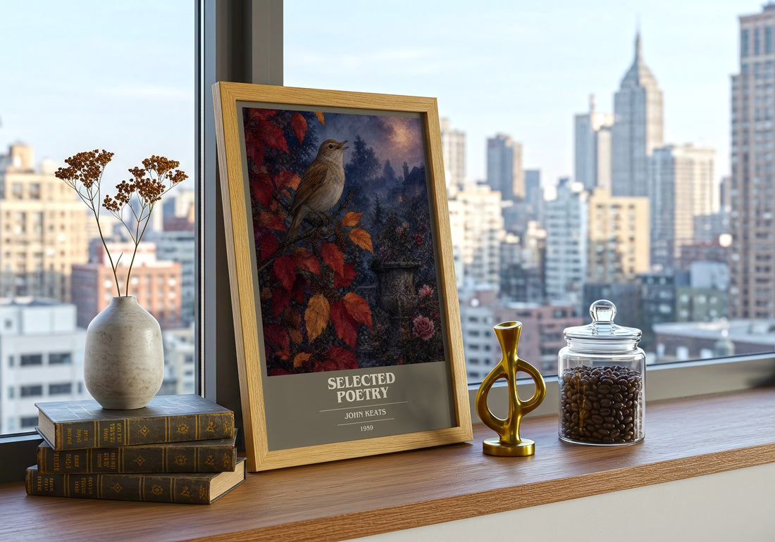 Selected poetry book cover print framed by window – literary home decor