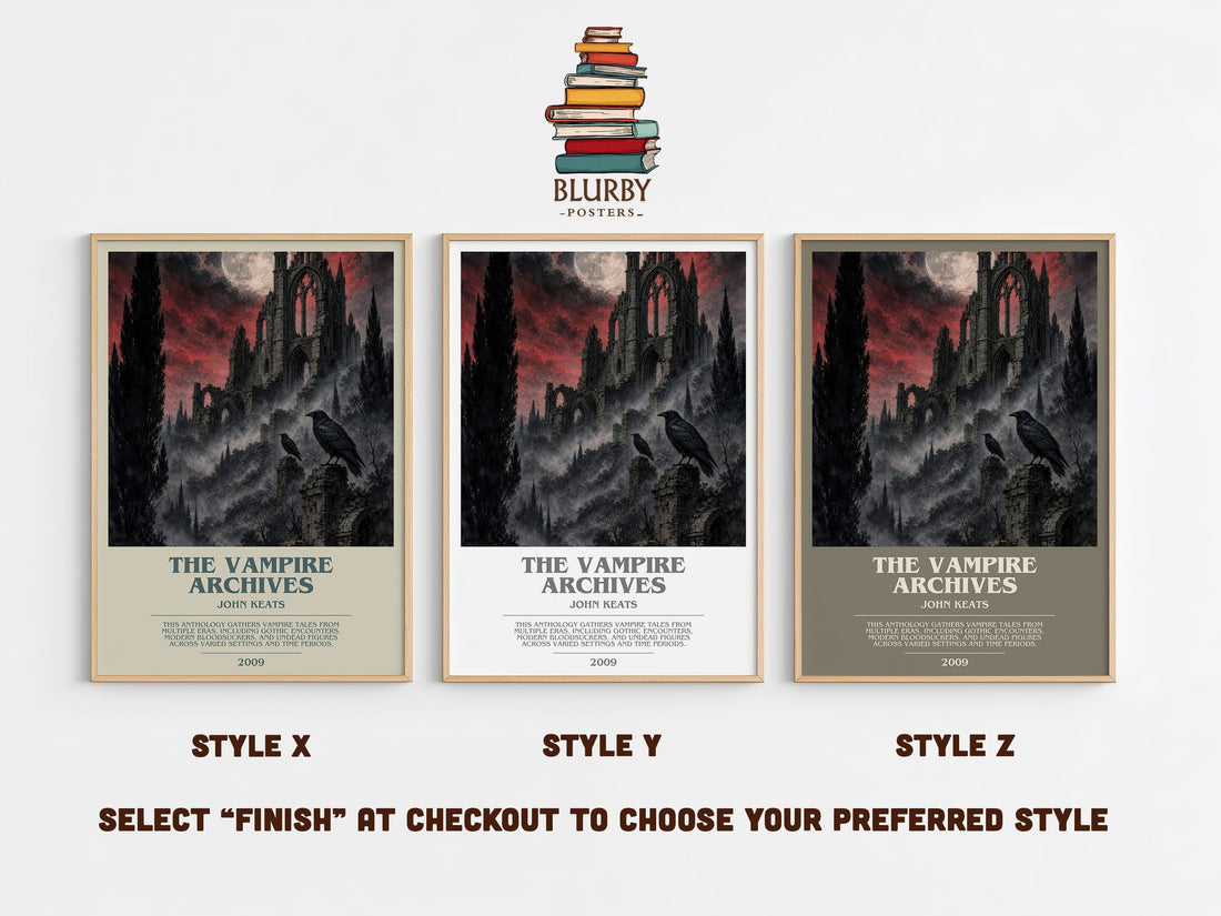 The Vampire Archives bookish print in frame leaning in hallway – horror wall art (mockup)