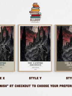 The Vampire Archives book cover print in frame leaning in hallway – horror wall art