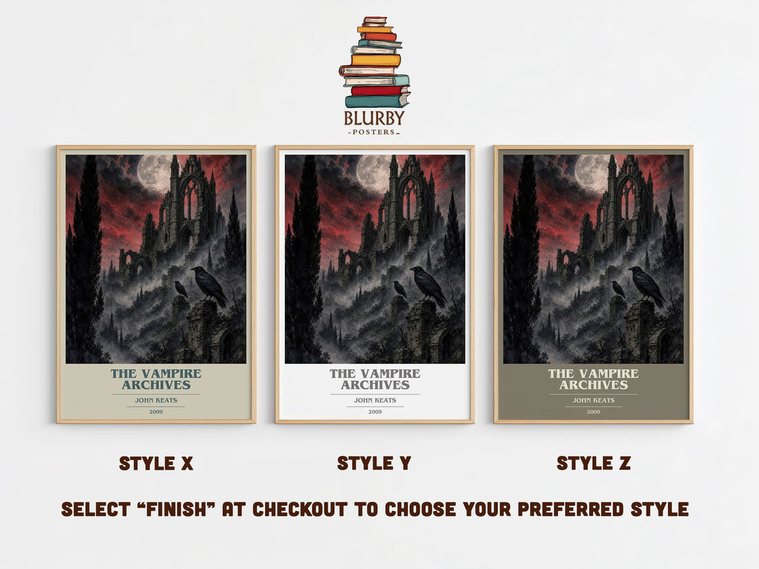 The Vampire Archives book cover print in frame leaning in hallway – horror wall art (mockup)