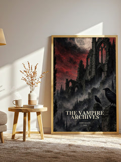 The Vampire Archives watercolour print in frame leaning in hallway – horror wall art