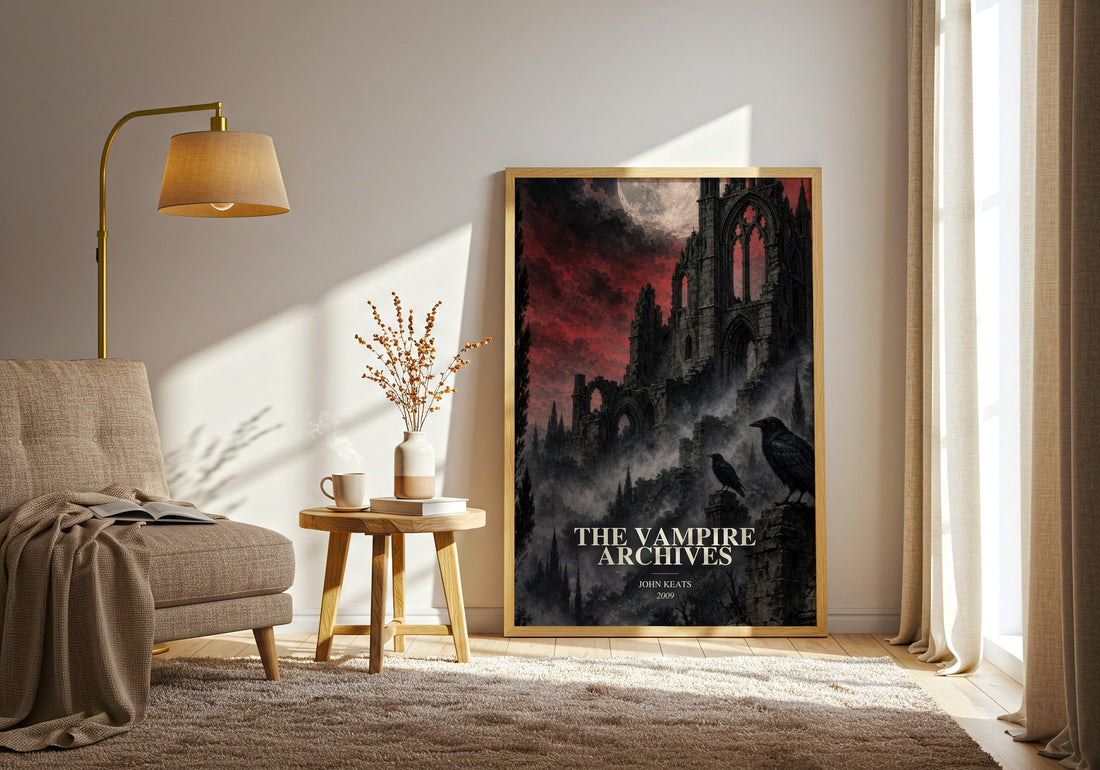 The Vampire Archives watercolour print in frame leaning in hallway – horror wall art