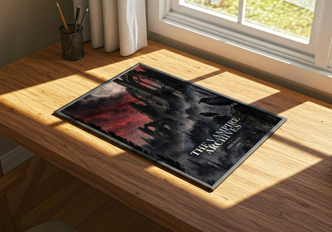 The Vampire Archives watercolour book poster framed on wall – horror wall art