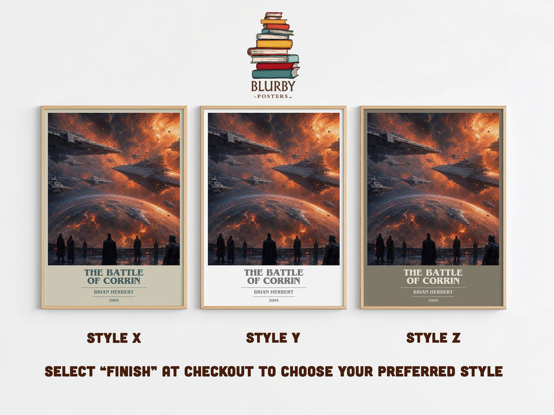 The Battle of Corrin book cover print in frame leaning in hallway – sci fi wall art (mockup)