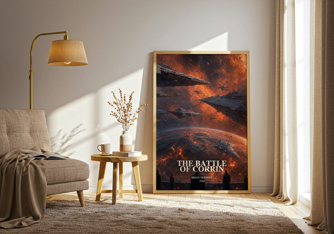 The Battle of Corrin watercolour print in frame leaning in hallway – sci fi wall art