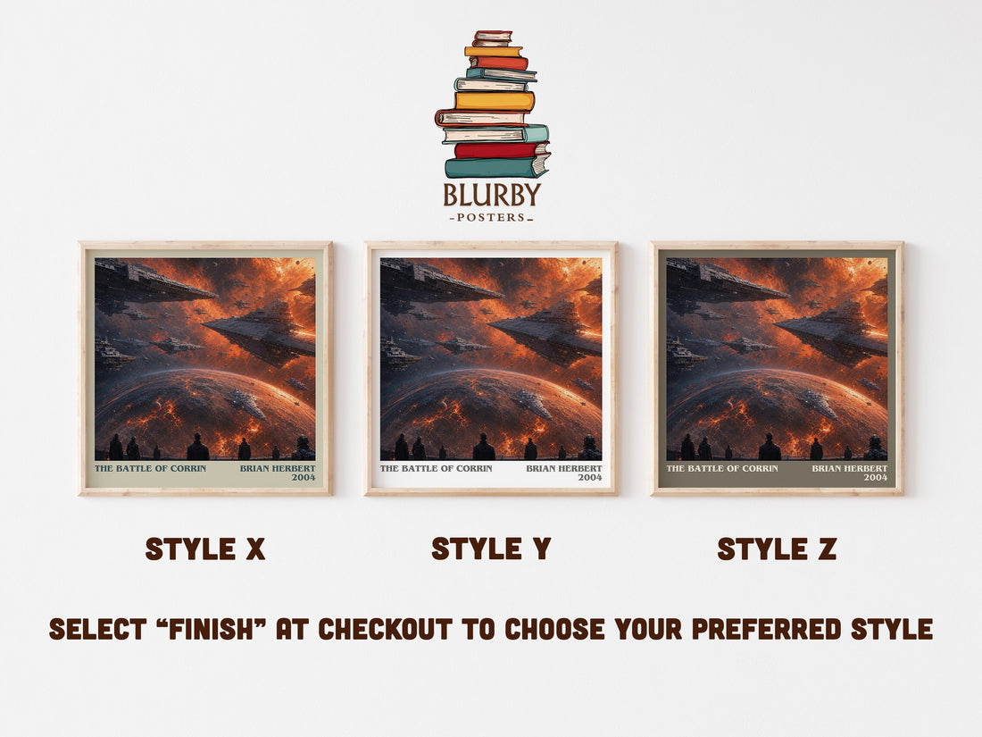 The Battle of Corrin literary print in frame leaning in hallway – sci fi wall art (mockup)