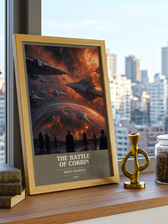 The Battle of Corrin book cover print framed by window – literary home decor