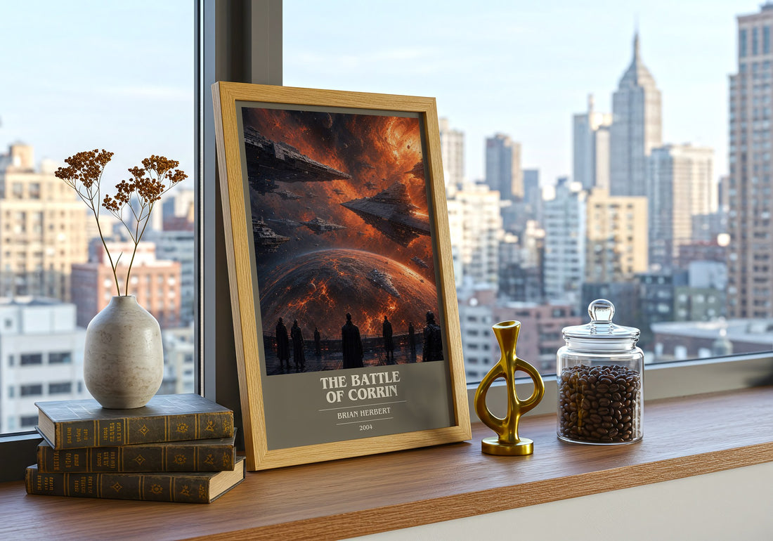 The Battle of Corrin book cover print framed by window – literary home decor