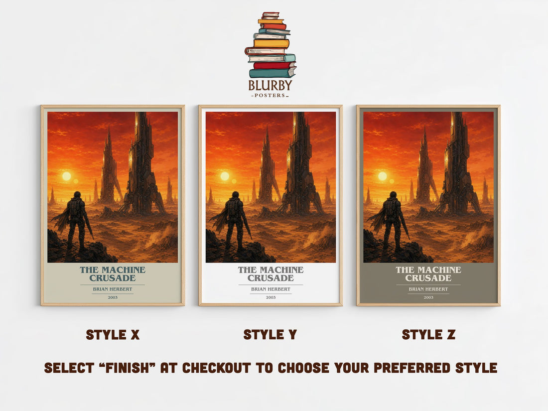 The Machine Crusade book cover print in frame leaning in hallway – sci fi wall art (mockup)