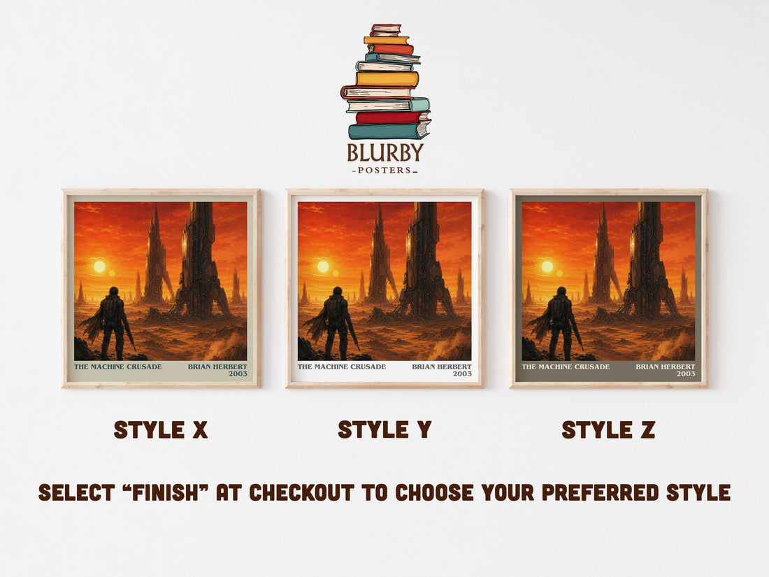 The Machine Crusade literary print in frame leaning in hallway – sci fi wall art (mockup)