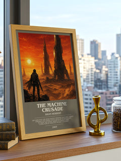 The Machine Crusade Bookish Wall Art by Brian Herbert – framed print on a city-view windowsill