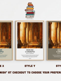 House Corrino bookish print in frame leaning in hallway – sci fi wall art