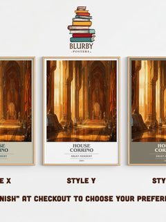 House Corrino book cover print in frame leaning in hallway – sci fi wall art