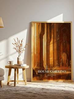 House Corrino watercolour print in frame leaning in hallway – sci fi wall art