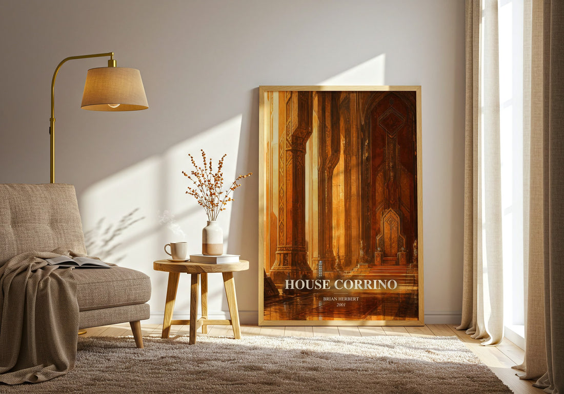 House Corrino watercolour print in frame leaning in hallway – sci fi wall art