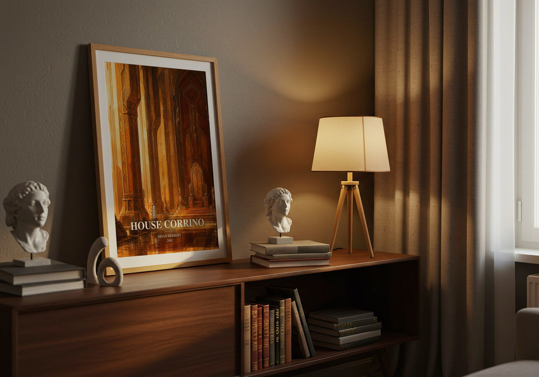 House Corrino watercolour print on bookshelf – Brian Herbert fan gift