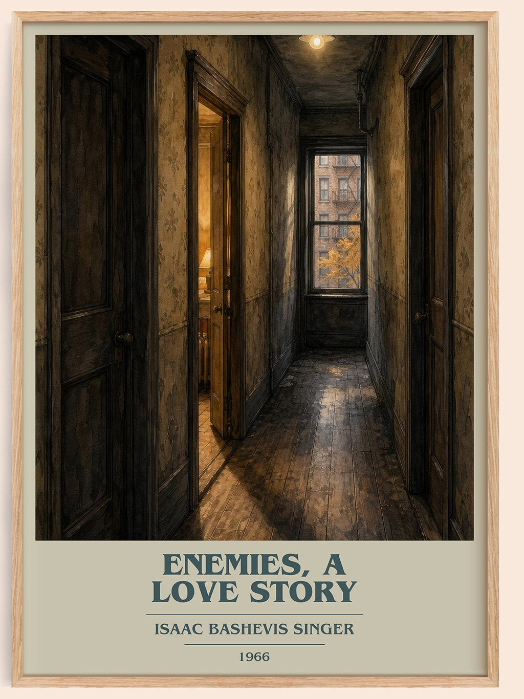 Enemies, a love story book cover book poster by Isaac Bashevis Singer – framed literary art print