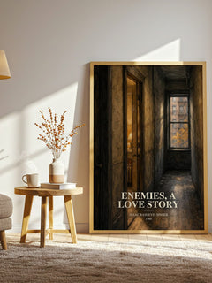 Enemies, a love story watercolour print in frame leaning in hallway – literary fiction wall art