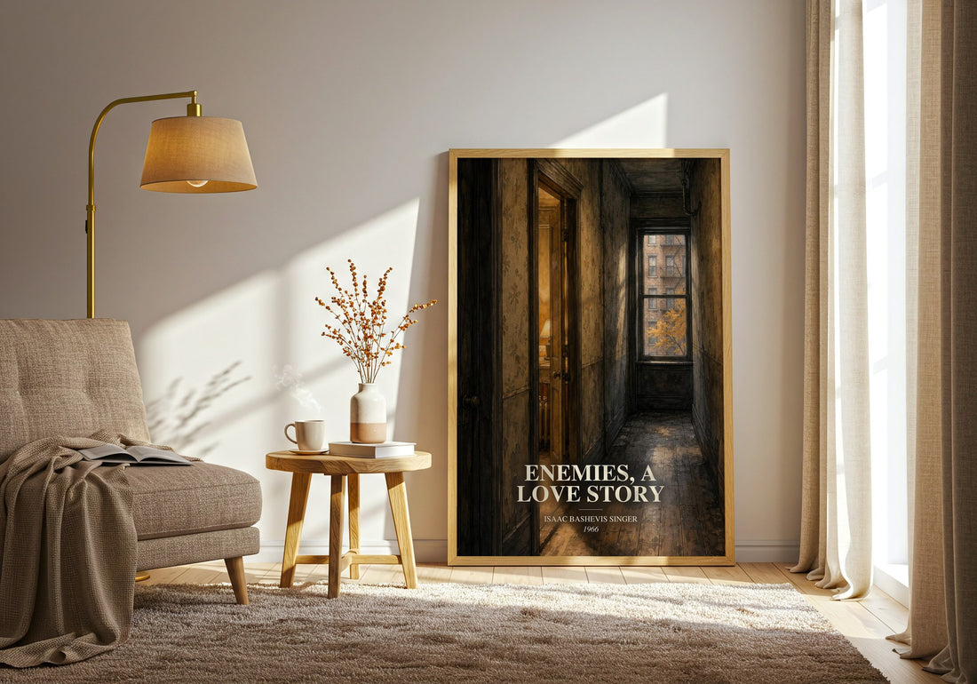 Enemies, a love story watercolour print in frame leaning in hallway – literary fiction wall art
