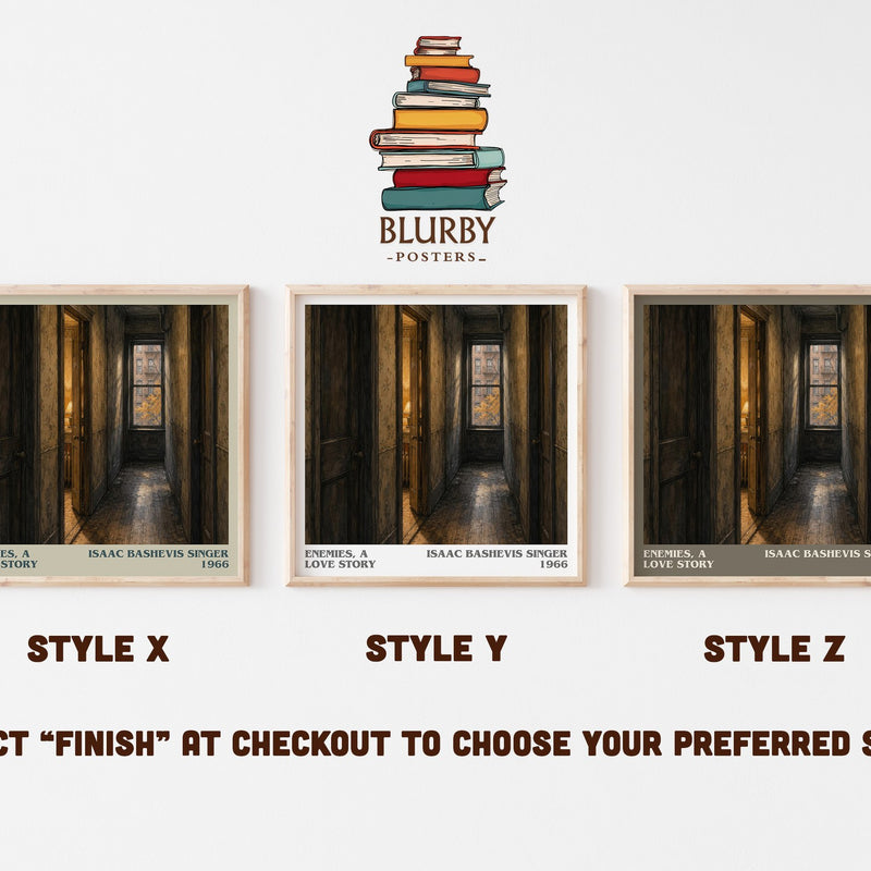 Enemies, a love story literary print in frame leaning in hallway – literary fiction wall art