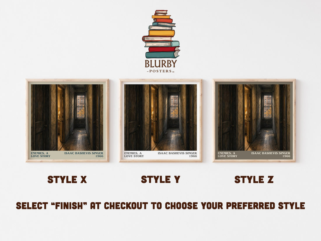 Enemies, a love story literary print in frame leaning in hallway – literary fiction wall art (mockup)