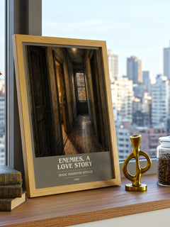 Enemies, a love story book cover print framed by window – literary home decor
