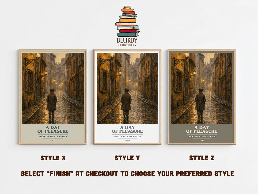 A day of pleasure book cover print in frame leaning in hallway – memoir wall art (mockup)