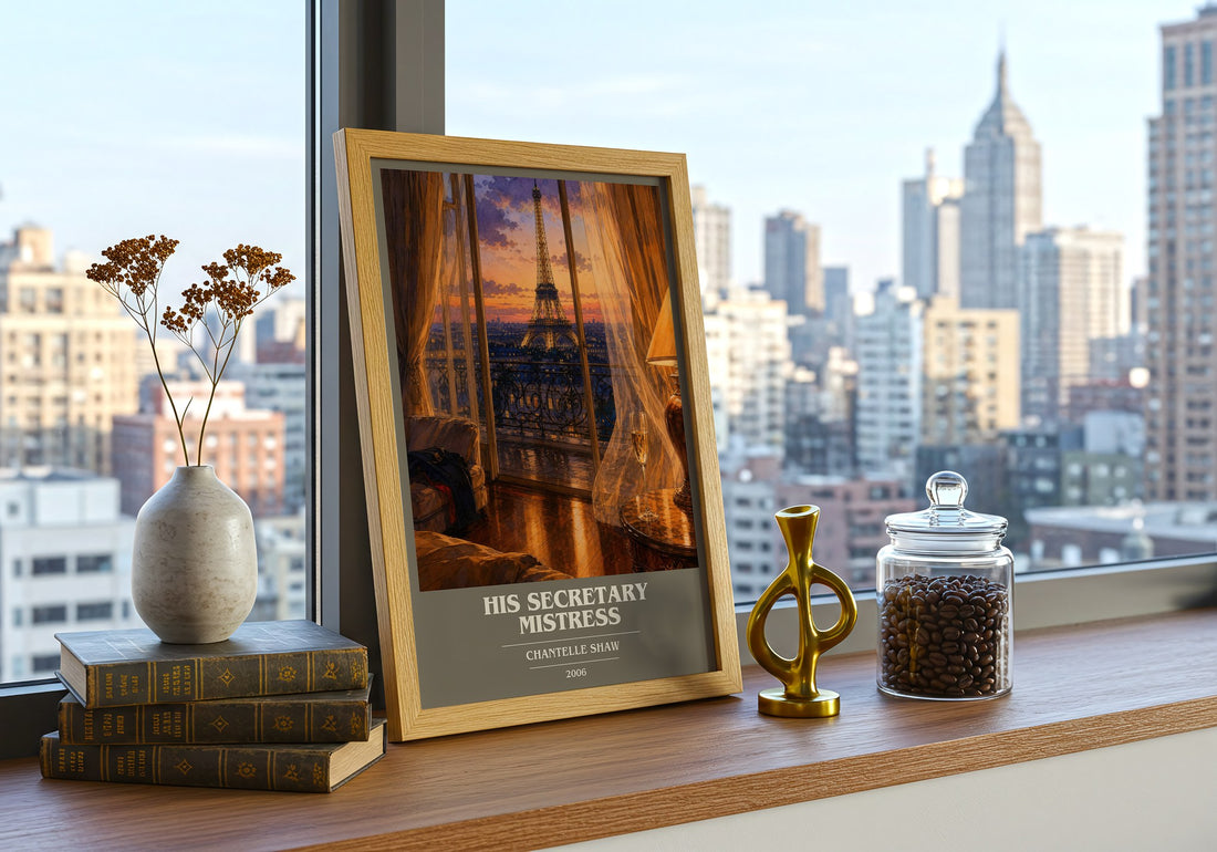 His Secretary Mistress book cover print framed by window – literary home decor