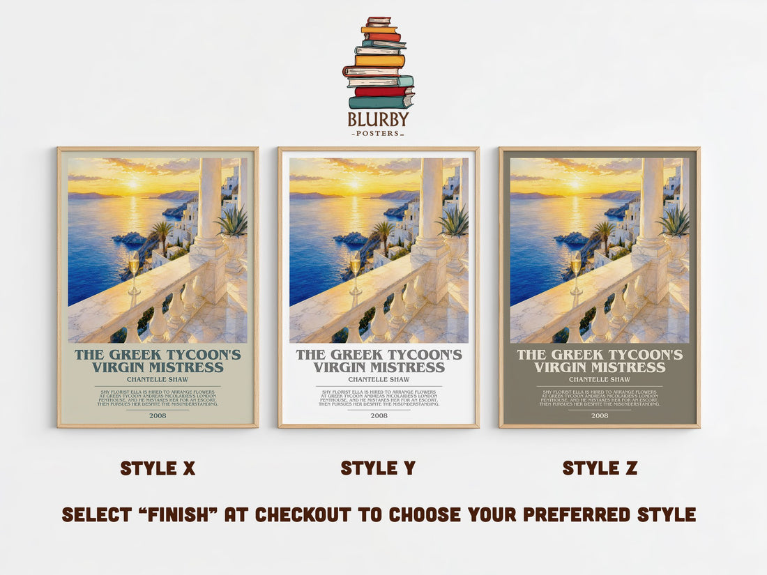 The Greek Tycoon's Virgin Mistress bookish print in frame leaning in hallway – romance wall art (mockup)