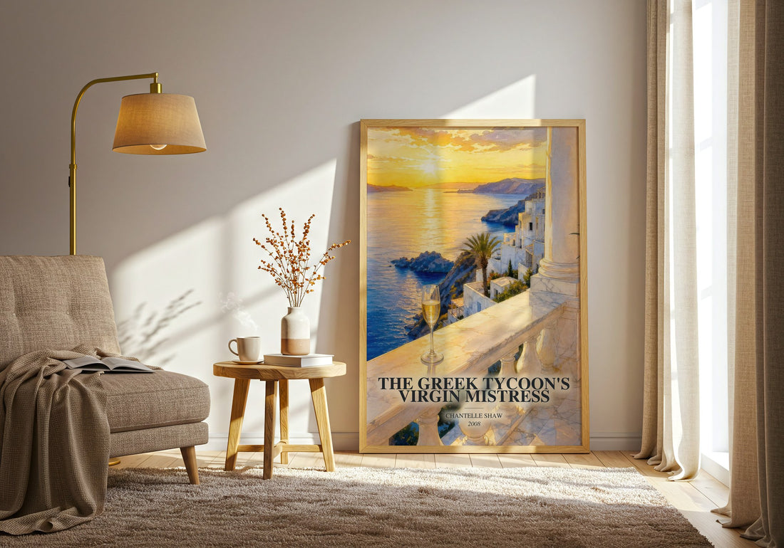 The Greek Tycoon's Virgin Mistress watercolour print in frame leaning in hallway – romance wall art