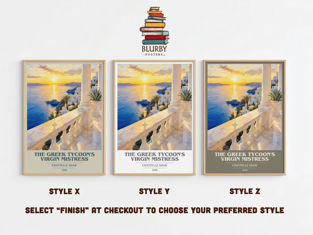 The Greek Tycoon's Virgin Mistress book cover print in frame leaning in hallway – romance wall art (mockup)