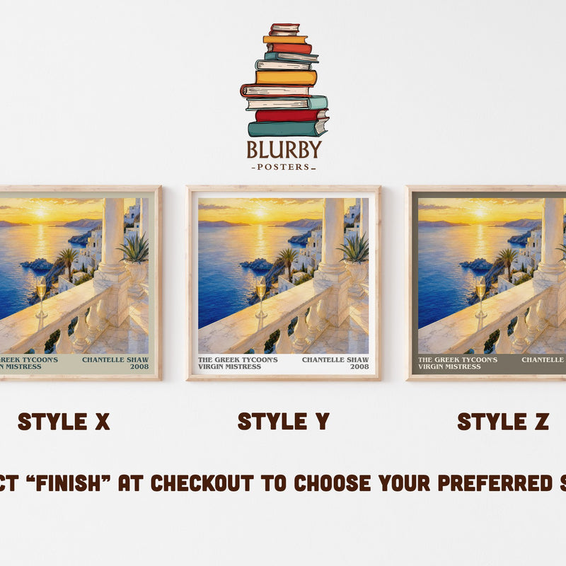 The Greek Tycoon's Virgin Mistress literary print in frame leaning in hallway – romance wall art