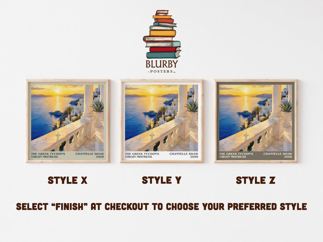 The Greek Tycoon's Virgin Mistress literary print in frame leaning in hallway – romance wall art (mockup)